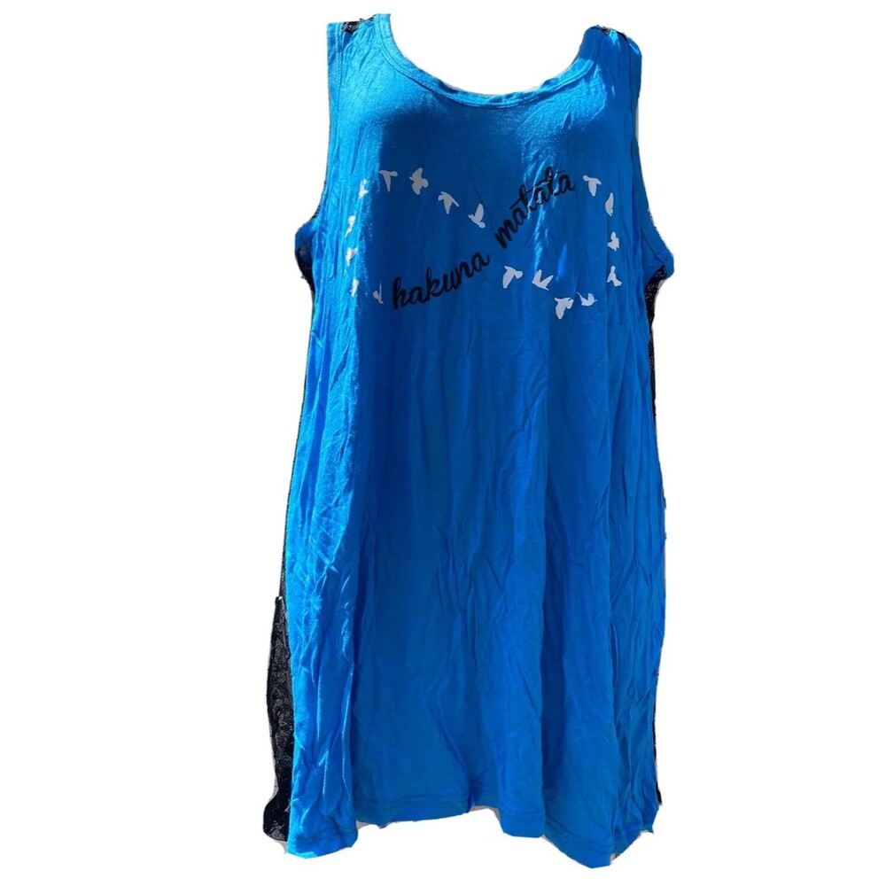 Miss Popular Tank Top Blue Black Hakuna Matata Birds Lace Back Jrs Sz XL Loose